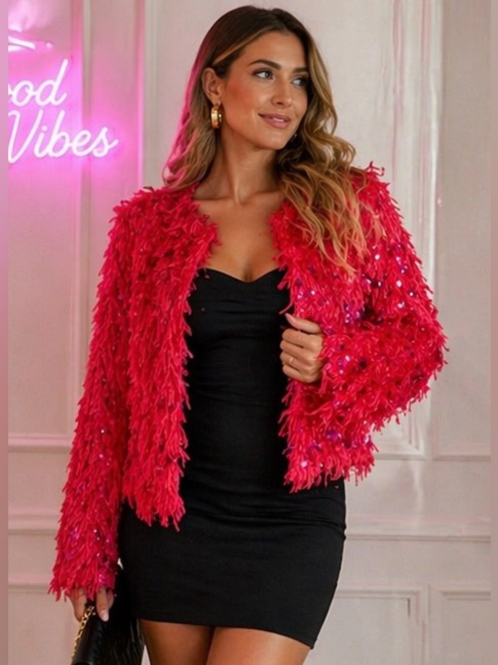 Pink Feather Sequin Jacket Womens M Statement Party Barbie Y2K Glam